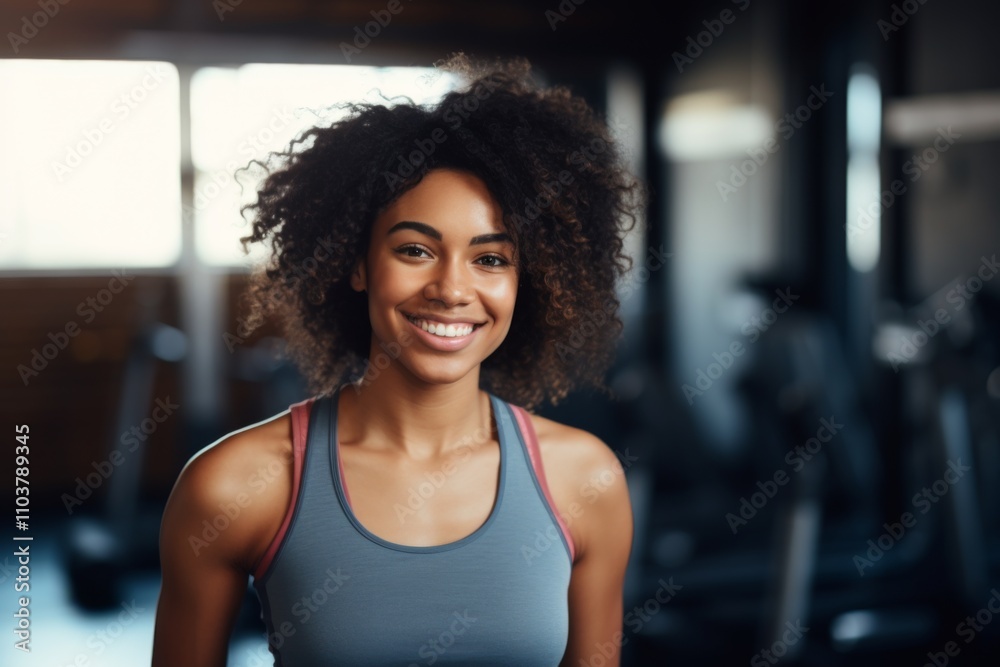 Fototapeta premium Smiling portrait of a young African American female fitness trainer in gym