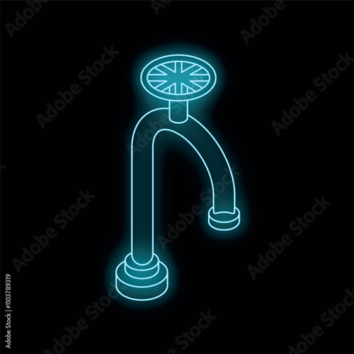 Glowing neon icon of a water tap is isolated on a black background