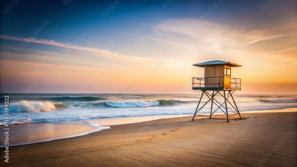 Serene Beachscape Featuring a Classic Lifeguard Tower Against the California Coastline in a Minimalist Style, Emphasizing Tranquility and Natural Beauty of the Ocean View Serene Beachscape Featuring a Classic Lifeguard Tower Against the California Coastline in a Minimalist Style, Emphasizing Tranquility and Natural Beauty of the Ocean View
