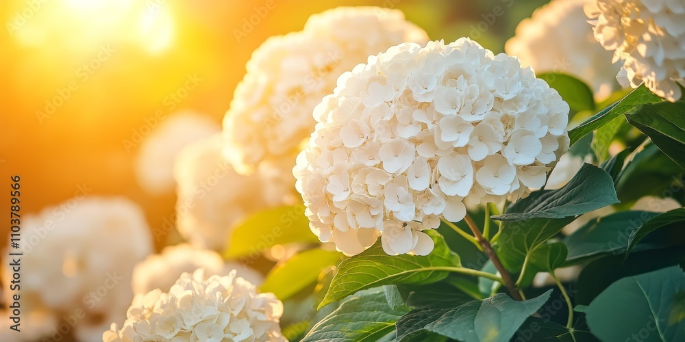 Vibrant clusters of large white flowers bloom on a hydrangea bush during a sunny summer day, showcasing the beauty of hydrangea in full bloom on a warm day. Vibrant clusters of large white flowers bloom on a hydrangea bush during a sunny summer day, showcasing the beauty of hydrangea in full bloom on a warm day.