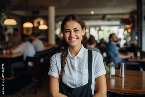 Smiling portrait of a young female waitress in cafe