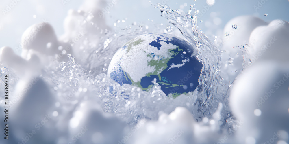 3d illustration of planet earth surrounded by splashes, waves of water. Creative concept of water industry, plumbing and water supply, water resource 3d illustration of planet earth surrounded by splashes, waves of water. Creative concept of water industry, plumbing and water supply, water resource