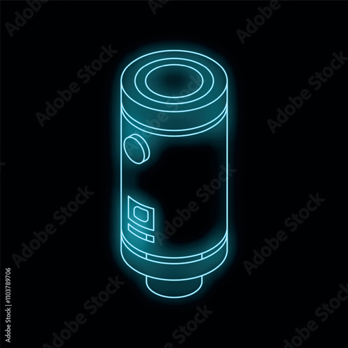 Blue glowing neon line electric boiler on a black background