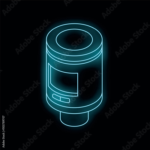 Neon icon of modern bioreactor with round window displaying information about process