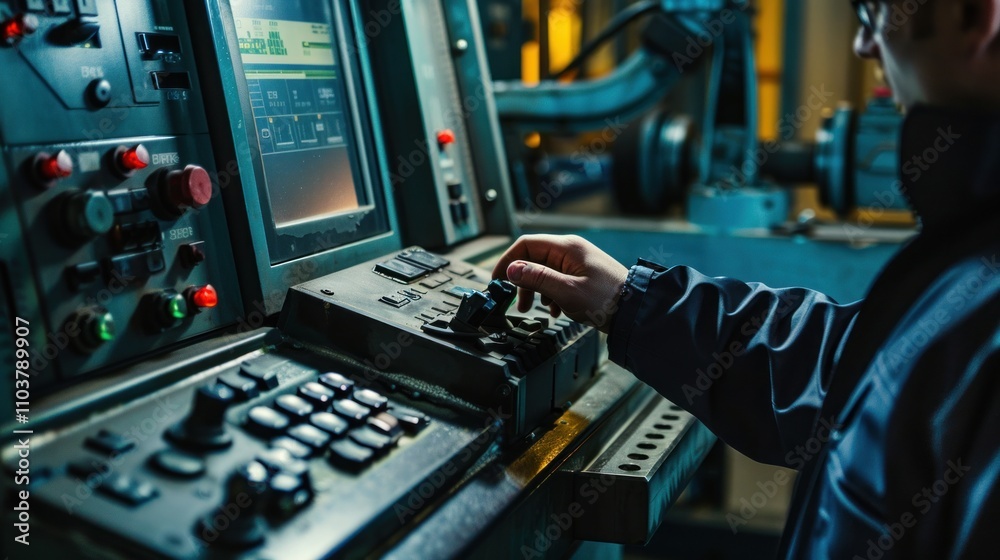 Skilled worker controlling a digitally program machine Skilled worker controlling a digitally program machine