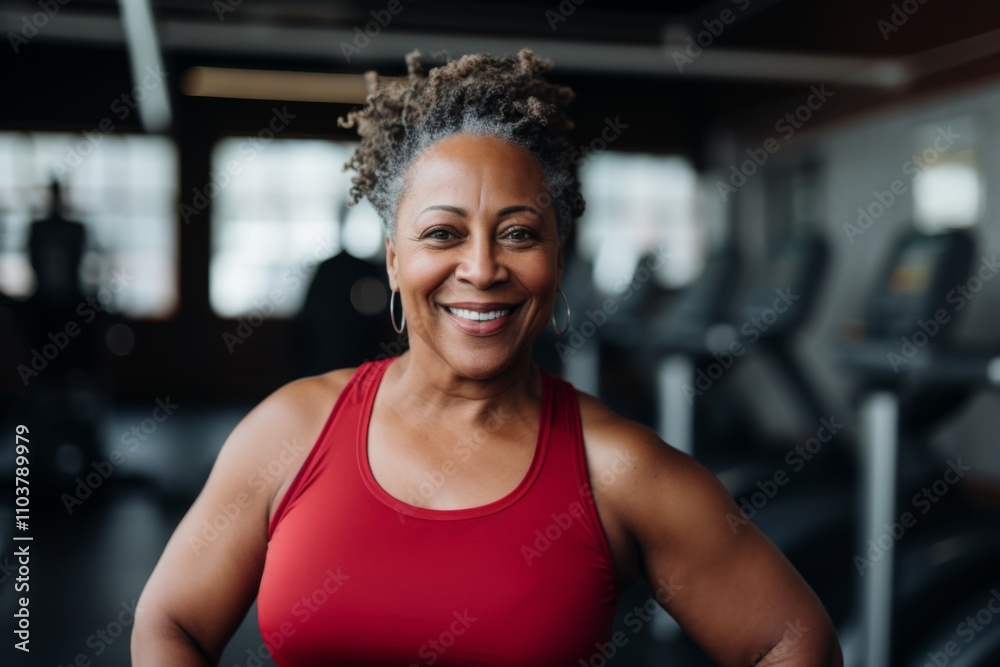 Smiling portrait of a middle aged slightly overweight woman in gym Smiling portrait of a middle aged slightly overweight woman in gym