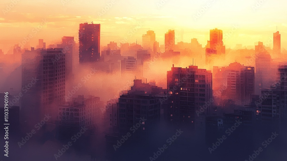 Cityscape with soft fog and warm sunlight piercing through, buildings barely visible, calm mood, Cityscape with soft fog and warm sunlight piercing through, buildings barely visible, calm mood,