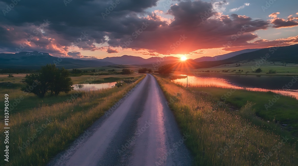 Fototapeta premium Serene sunset over a countryside road, fiery colors paint the sky.