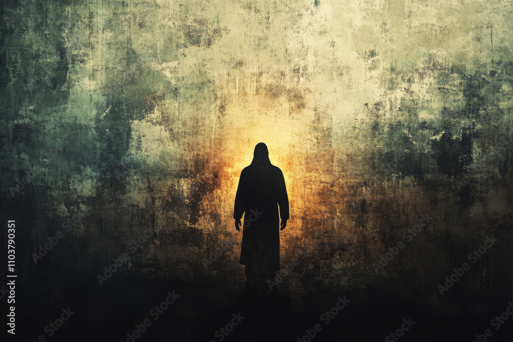 A powerful digital illustration of the silhouette of Jesus Christ standing in front of a distressed grunge wall. The dark tones of the wall contrast with the figure of Christ, symbolizing sacrifice, A powerful digital illustration of the silhouette of Jesus Christ standing in front of a distressed grunge wall. The dark tones of the wall contrast with the figure of Christ, symbolizing sacrifice,