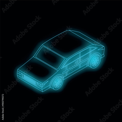 Neon blue wireframe sedan hatchback car glowing on black background