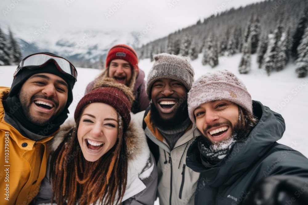 Diverse group portrait of smiling snowboarders on snowy mountain Diverse group portrait of smiling snowboarders on snowy mountain