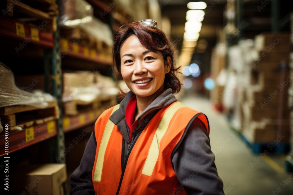 Portrait of a joyful middle aged female warehouse worker Portrait of a joyful middle aged female warehouse worker