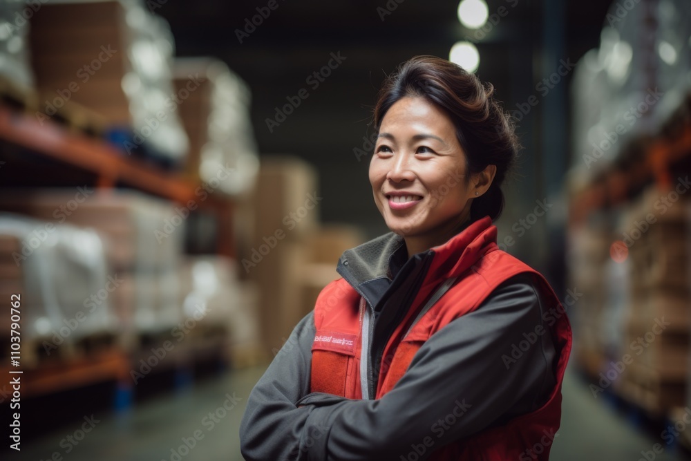 Portrait of a joyful middle aged female warehouse worker Portrait of a joyful middle aged female warehouse worker