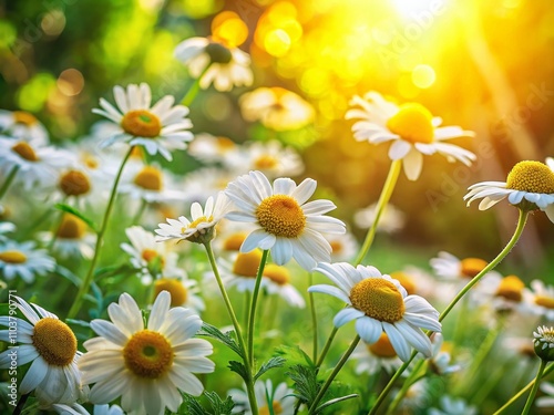 Serene Chamomile Blossoms in a Lush Green Garden Under Soft Sunlight, Capturing Nature's Beauty and Tranquility with High Depth of Field for Floral Enthusiasts