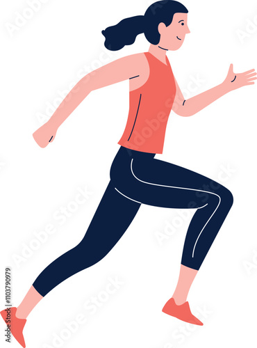 A woman in a red tank top and blue pants is running