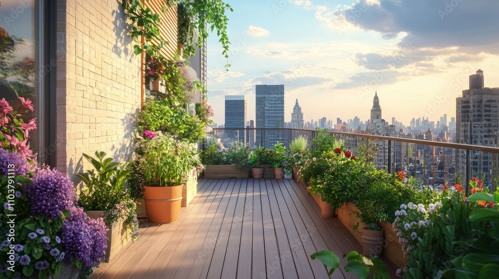 A tranquil balcony featuring smooth wooden flooring, vibrant green planters, and an impressive city skyline view, perfect for a serene outdoor moment A tranquil balcony featuring smooth wooden flooring, vibrant green planters, and an impressive city skyline view, perfect for a serene outdoor moment