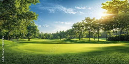 Golf course featuring lush green grass, trees, and a scenic sky, creating a picturesque wallpaper ideal for showcasing the beauty of a golf course in nature. Perfect for golf enthusiasts.