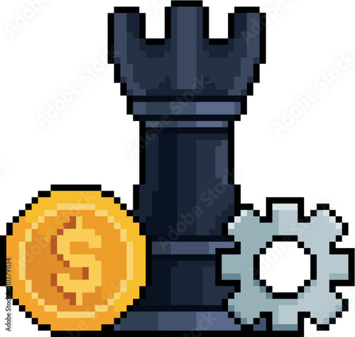 Pixel art of chess rook with coin and gear in 8-bit style on white background