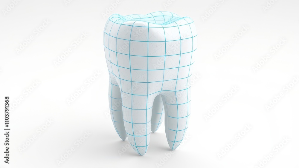 A 3D rendered image of a tooth with a virtual grid overlay, set against a pristine white background, highlighting the tooth's texture and layout, 3d render, geometric shapes. A 3D rendered image of a tooth with a virtual grid overlay, set against a pristine white background, highlighting the tooth's texture and layout, 3d render, geometric shapes.