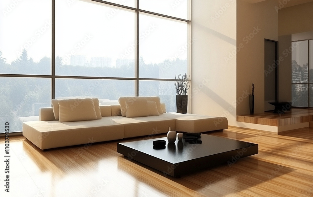 Modern minimalist living room in neutral tones with a large window, beige sofa, and sleek black coffee table, illuminated by soft natural light, creating a calm and airy atmosphere.
Modern minimalist living room in neutral tones with a large window, beige sofa, and sleek black coffee table, illuminated by soft natural light, creating a calm and airy atmosphere.