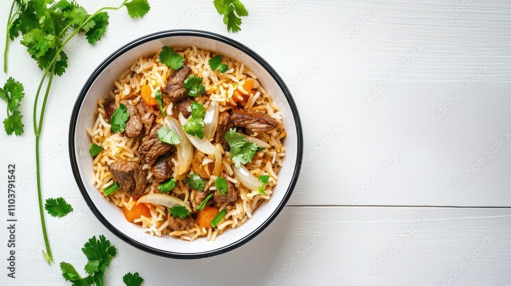 Beautifully Styled Bowl of Mutton Biryani Garnished with Coriander Indian food cuisine Beautifully Styled Bowl of Mutton Biryani Garnished with Coriander Indian food cuisine