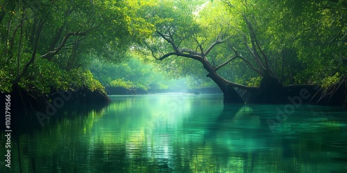 Mangrove forest showcasing the beauty and diversity of mangrove ecosystems, featuring lush greenery and tranquil waters, ideal for nature enthusiasts exploring the wonders of a mangrove forest.