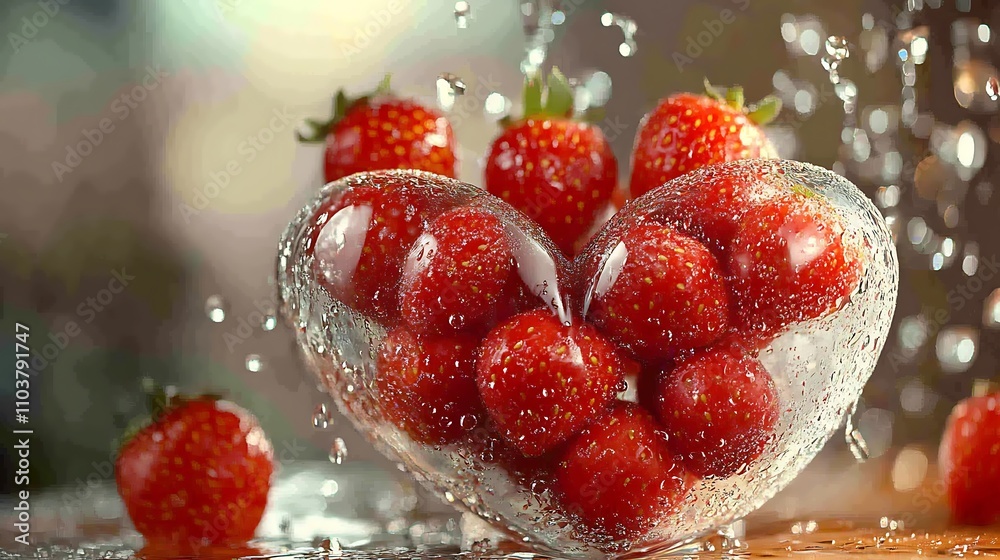 Fresh strawberries in a heart-shaped glass, sparkling with water droplets. Fresh strawberries in a heart-shaped glass, sparkling with water droplets.