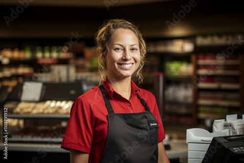 Portrait of a cashier smiling while working at the grocery store