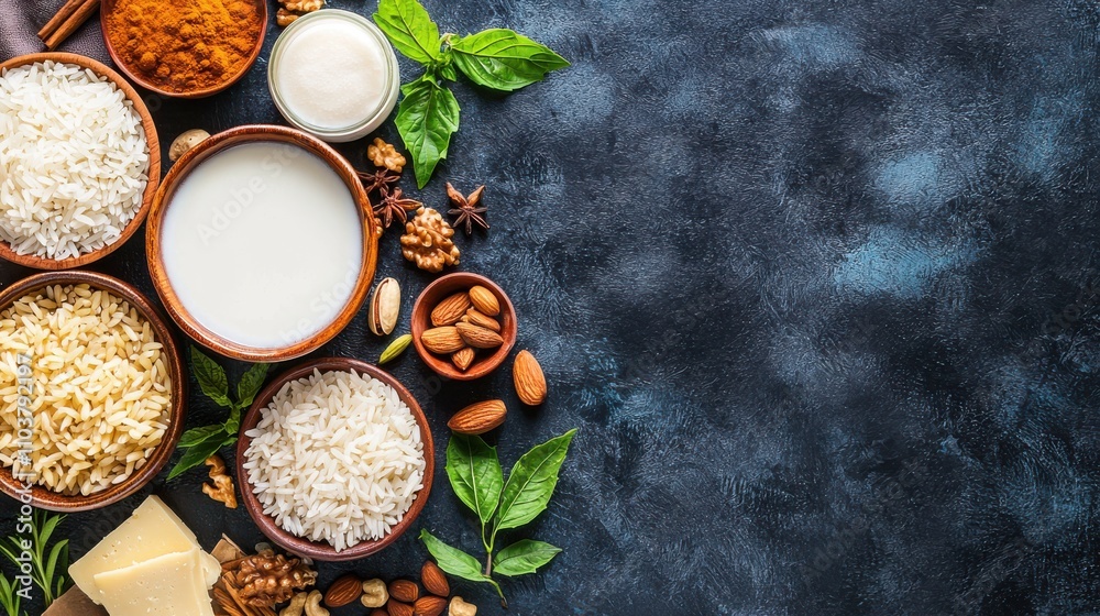 Artistic Flat Lay of Kheer Ingredients Including Rice and Spices Indian food cuisine Artistic Flat Lay of Kheer Ingredients Including Rice and Spices Indian food cuisine