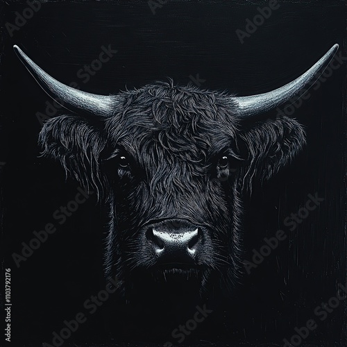 A close-up portrait of a black highland cow with its horns pointing up, set against a dark background. photo