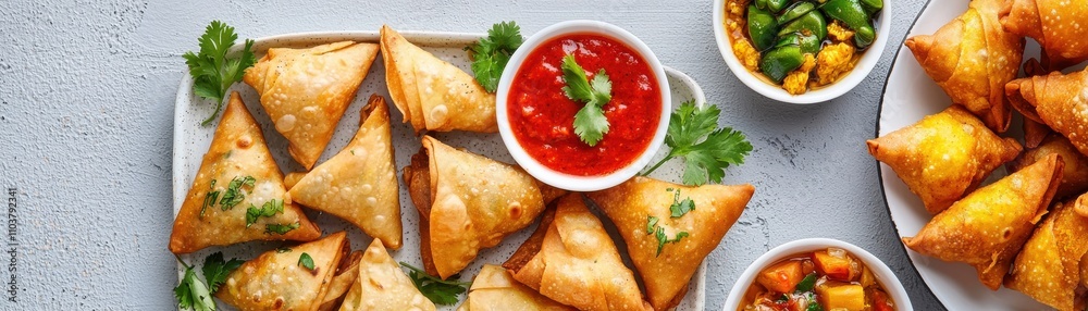 Crispy Samosas with Dipping Sauces and Colorful Vegetable Sides Indian food cuisine Crispy Samosas with Dipping Sauces and Colorful Vegetable Sides Indian food cuisine