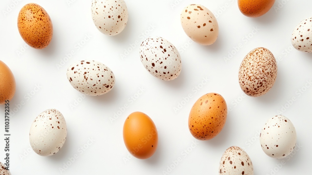 Patterned and solid-colored eggs arranged in rows on a white background, likely representing various breeds or Easter decoration. Patterned and solid-colored eggs arranged in rows on a white background, likely representing various breeds or Easter decoration.