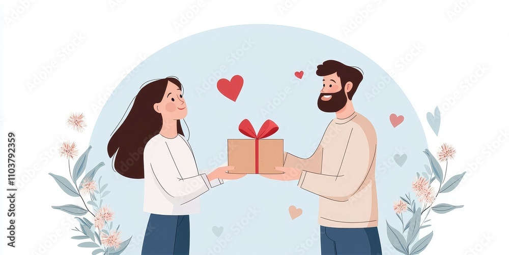 valentine affection memories concept, A couple exchanges a gift, surrounded by hearts and floral elements, symbolizing love and connection. valentine affection memories concept, A couple exchanges a gift, surrounded by hearts and floral elements, symbolizing love and connection.