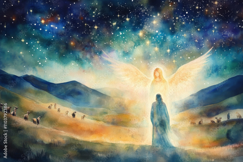 Obraz premium A vibrant watercolor illustration of an angel appearing to the shepherds, surrounded by soft light and heavenly glow, with the stars shining brightly over the peaceful hills and fields
