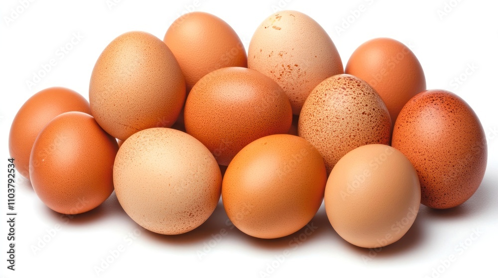 A group of brown chicken eggs with varying shades and speckles, arranged closely together on a white background. A group of brown chicken eggs with varying shades and speckles, arranged closely together on a white background.