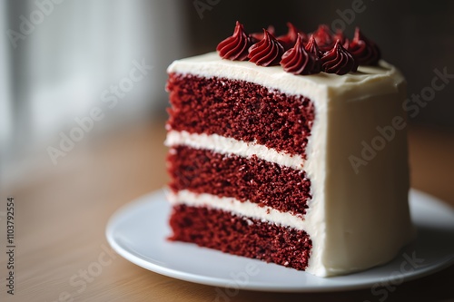 A slice of red velvet cake with cream cheese frosting, decorated with swirls on top.
