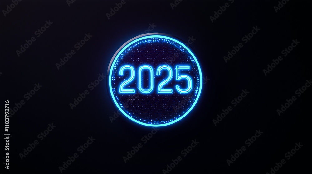 Number ‘2025’ written in blue neon lights and circled with a blue circle. Dark background. Number ‘2025’ written in blue neon lights and circled with a blue circle. Dark background.