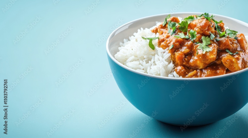 Delicious Chicken Curry Served Over Steaming White Rice in Bowl Indian food cuisine Delicious Chicken Curry Served Over Steaming White Rice in Bowl Indian food cuisine