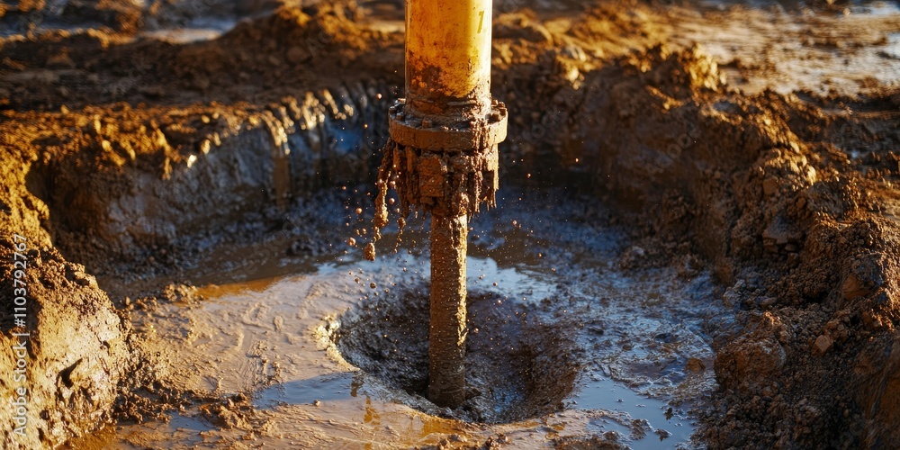 Drilling an artesian well in the ground for groundwater extraction, with mud spouting from the tube, ensures a clean water supply through effective drilling techniques and processes.