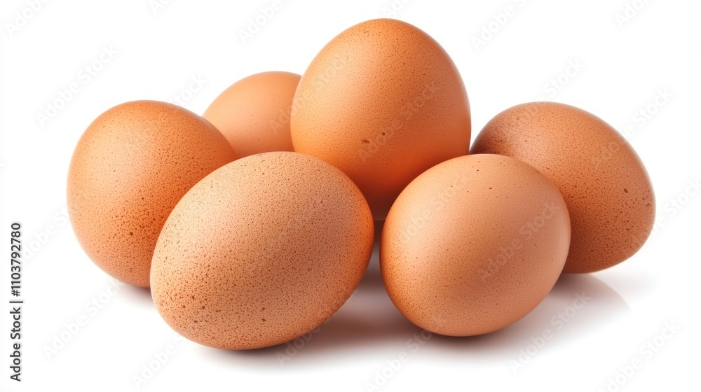 A group of brown chicken eggs arranged closely together on a white background, suggesting a concept of freshness, nutrition, or cooking ingredients. A group of brown chicken eggs arranged closely together on a white background, suggesting a concept of freshness, nutrition, or cooking ingredients.