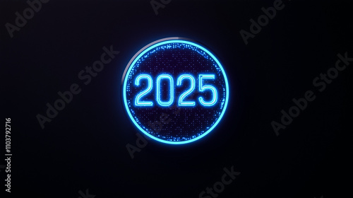 Number ‘2025’ written in blue neon lights and circled with a blue circle. Dark background.