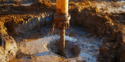Obraz na płótnie Drilling an artesian well in the ground for groundwater extraction, with mud spouting from the tube, ensures a clean water supply through effective drilling techniques and processes. w salonie