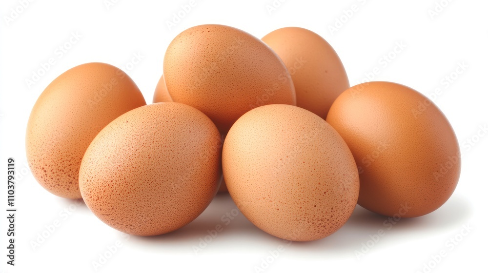 A group of seven brown chicken eggs clustered together on a white background, displaying natural variation in color and speckles on the shells. A group of seven brown chicken eggs clustered together on a white background, displaying natural variation in color and speckles on the shells.