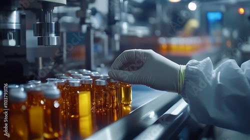 Gloved hand carefully places amber vials onto a production line. Pharmaceutical manufacturing.