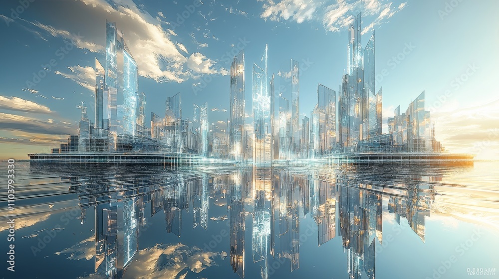 Obraz premium Futuristic city skyline, glassy structures, vibrant reflections on water, surreal and clean aesthetics 