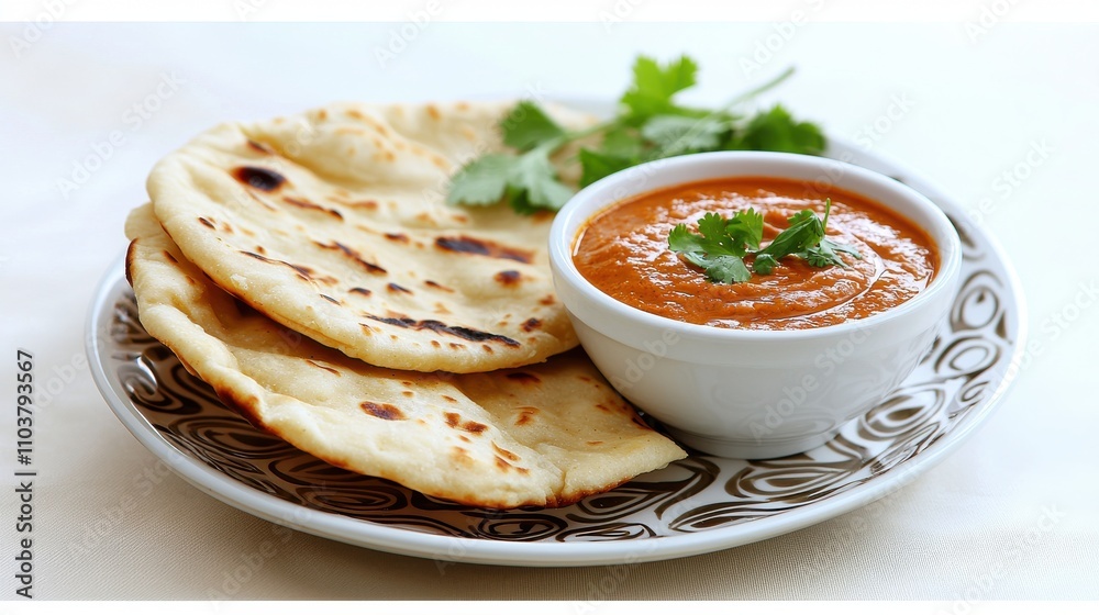 Delicious Indian Naan Bread Served with Spicy Tomato Curry Sauce Indian food cuisine Delicious Indian Naan Bread Served with Spicy Tomato Curry Sauce Indian food cuisine