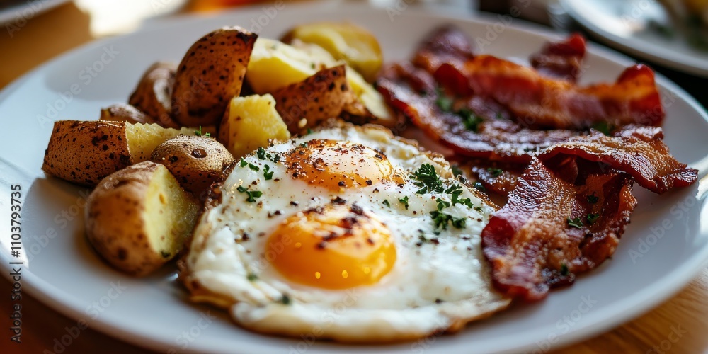 Tasty eggs paired with crispy bacon and savory potato served on a white plate, creating a delicious breakfast display on the table for a satisfying meal experience. Tasty eggs paired with crispy bacon and savory potato served on a white plate, creating a delicious breakfast display on the table for a satisfying meal experience.