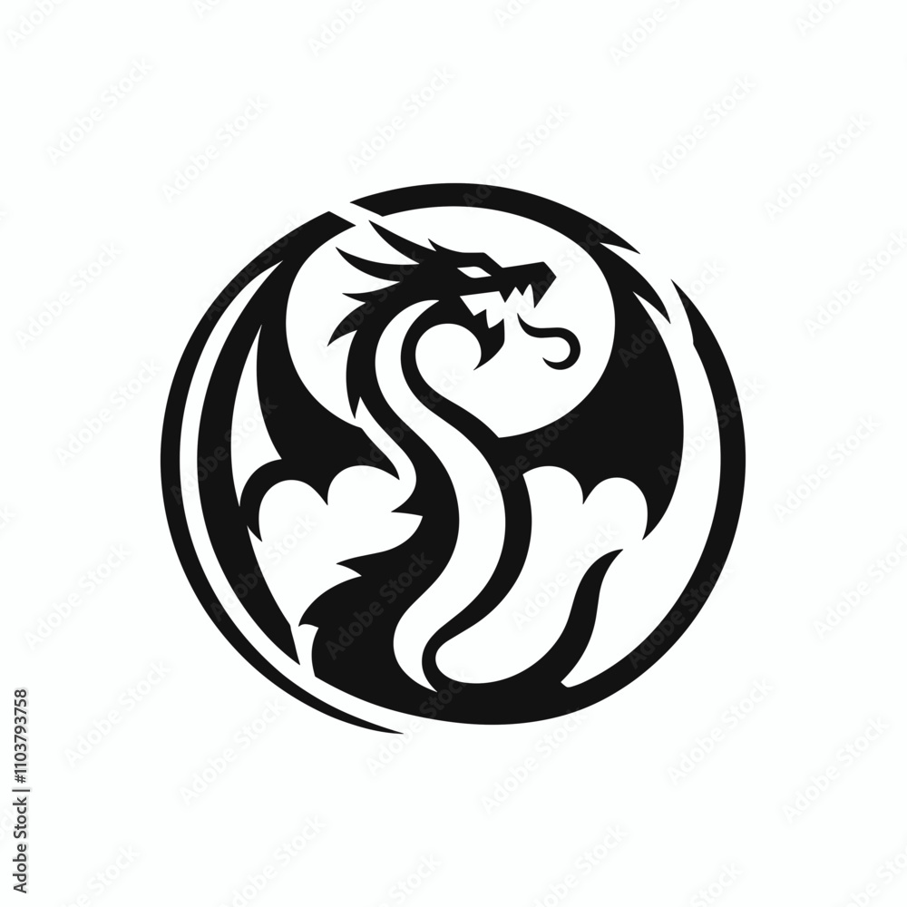 Fototapeta premium Circular dragon emblem with bold black outline