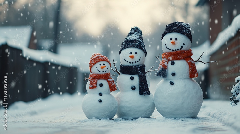 A cheerful family of snowmen in winter black colour outfits on a snowy day A cheerful family of snowmen in winter black colour outfits on a snowy day