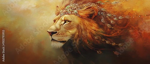 Glamour of the wild Concept. A majestic lion with a flowing mane, surrounded by vibrant colors, exuding strength and wisdom in a beautifully artistic style. photo